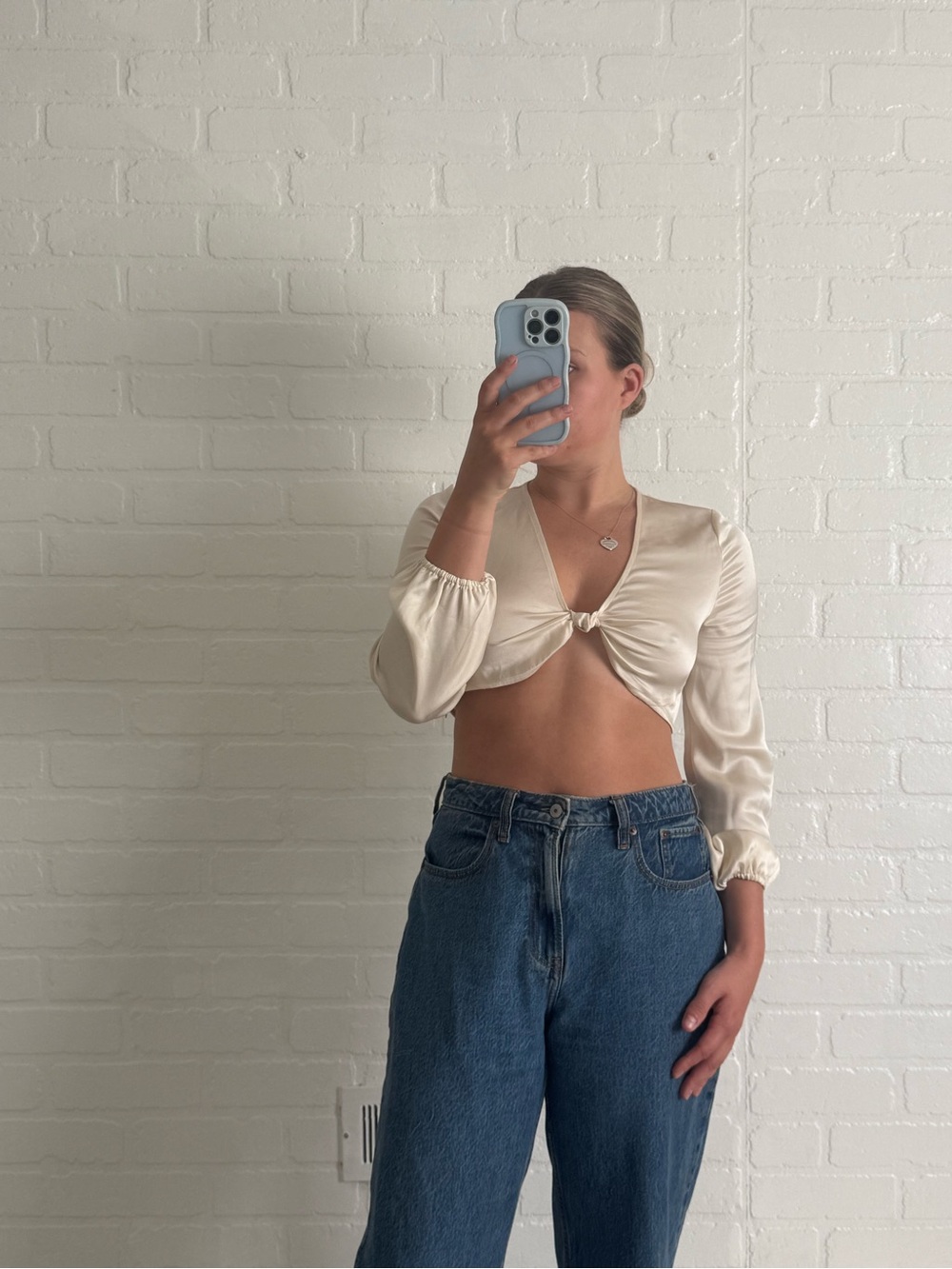 Stoned Immaculate Blouse Cropped Front Tie Satin Long Sleeve in Cream